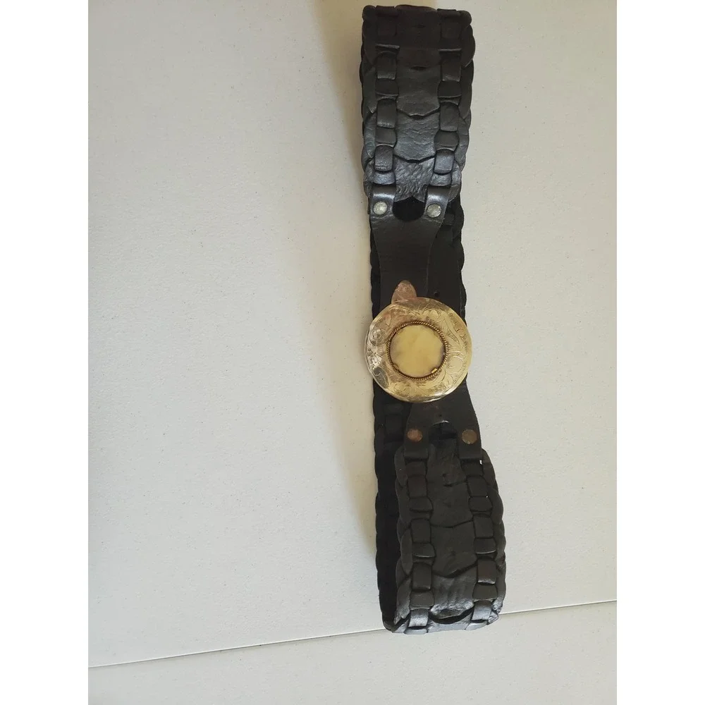 Vintage Boho‎ Black Woven Leather Wide Statement Belt Ornate Silver Stone Buckle